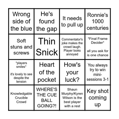 BBC Snooker Commentator Bingo Card : r/snooker .